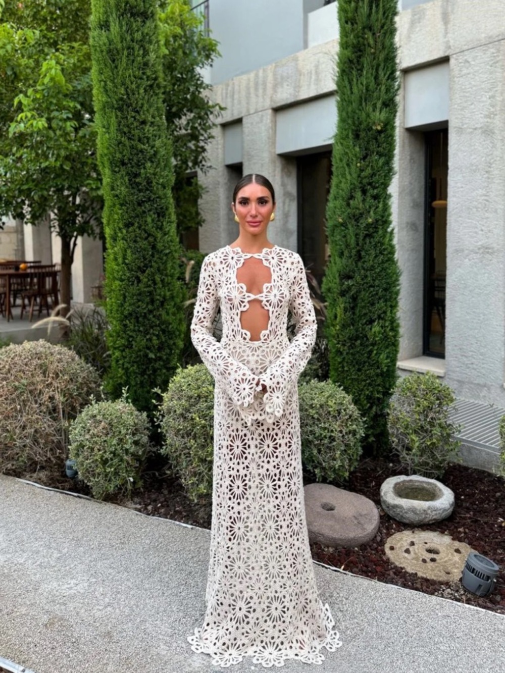 KAOA Ivory Floral Crochet Maxi Dress with Long Sleeves